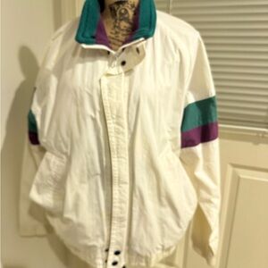 Vintage bomber style rain Jacket with Green and Purple Accents size Medium